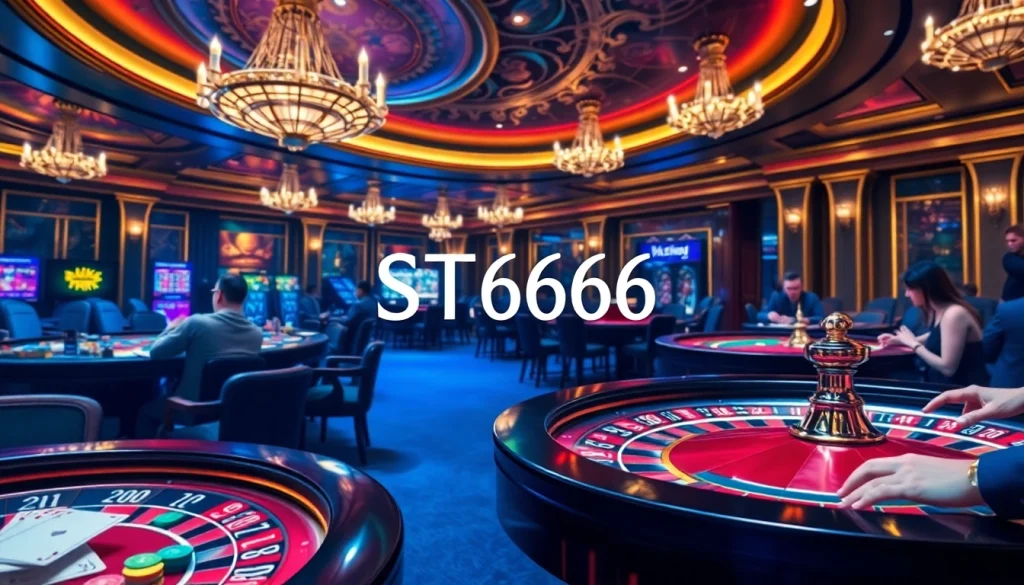 Engaged players enjoy ST666 strategy at a bustling casino table with vibrant poker chips.