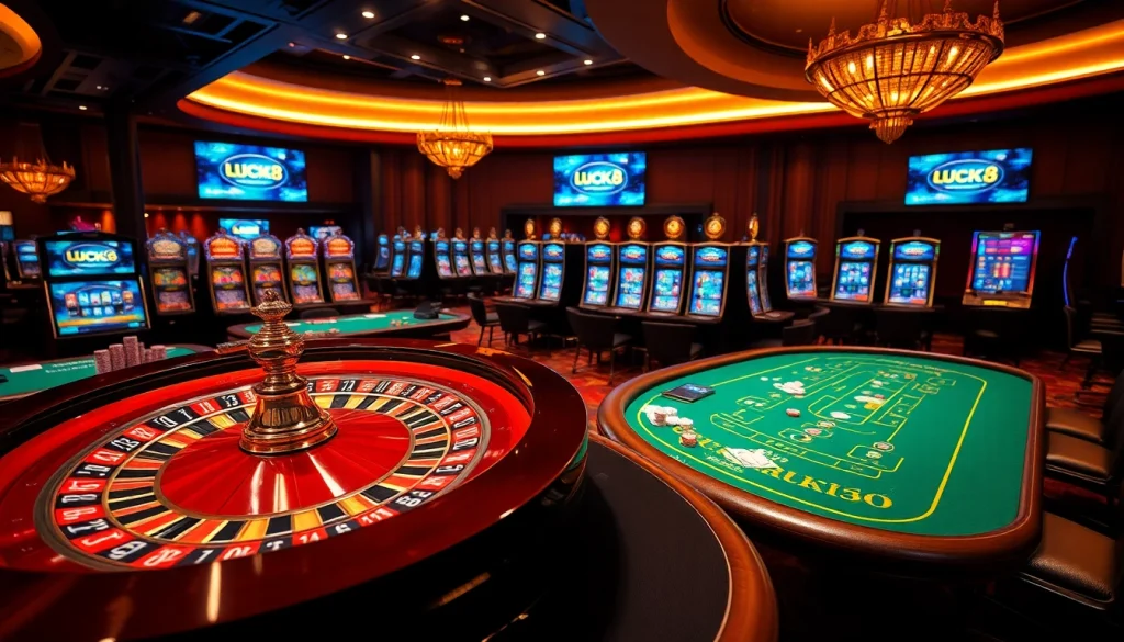 Người chơi đang tận hưởng những trò chơi hấp dẫn tại casino LUCK8 với bàn chơi sôi động và máy đánh bạc.