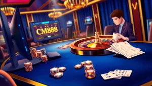 Engage in thrilling gameplay with CM88 at an elegant online casino featuring vibrant tables and roulette.