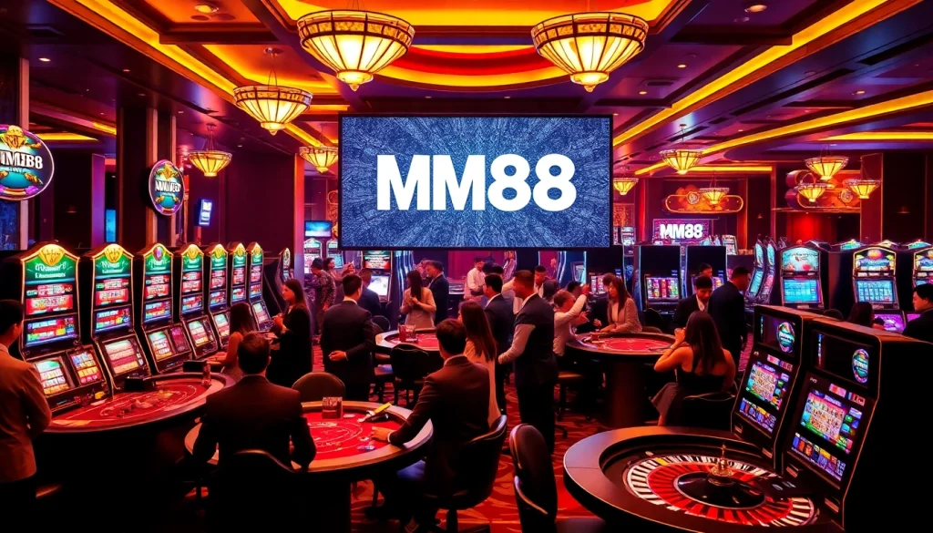 Players enjoying a dynamic casino experience with MM88 branding visible, capturing the thrill of winning.