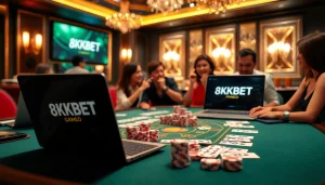 Exciting play at 8KBET online casino with luxurious poker setup and dynamic gaming atmosphere.