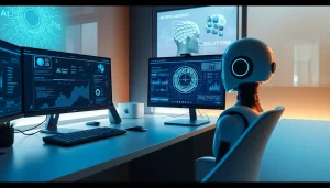 Modern workspace featuring advanced 18+ ai technology with digital interfaces and a robot assistant.