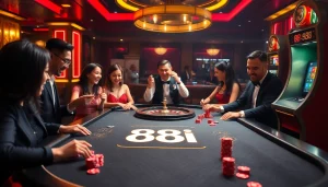 Gamblers enjoying a thrilling game at the 88i casino, featuring vibrant tables and colorful chips.