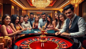 XOCDIA88 players celebrating a winning hand at a luxurious casino table with cards and poker chips.