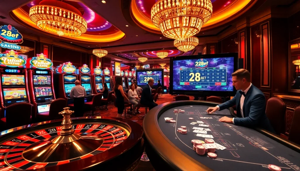 Players enjoying the excitement at 28bet casino with vibrant slot machines and thrilling tables.
