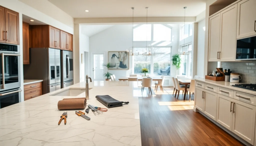 Renovation of a modern kitchen with elegant design and natural lighting.