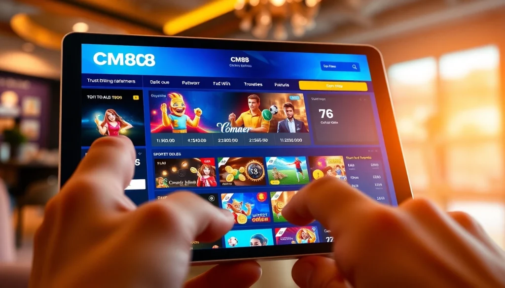 CM88 online betting platform interface displayed on tablet, showcasing exciting games and betting options.