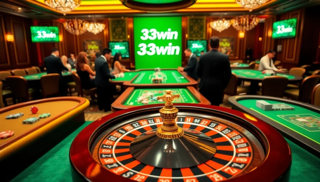 Players engage in thrilling games at 33win casino tables filled with chips and cards.