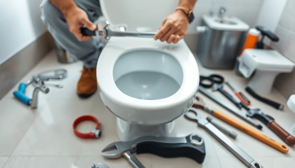 Skilled plumber performing toilet repair with professional tools in a bright bathroom.