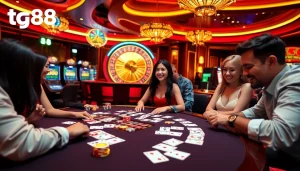 Players enjoying an exciting game at the tg88 casino tables, surrounded by vibrant slot machines.