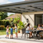 Terrassenüberdachungen aus Aluminium in einem eleganten Außenpatio mit Familie und blühenden Pflanzen.