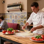 Freshly prepared pizza scene at Pizzeria Madera, showcasing pg soft Italian dining experience with lively atmosphere.