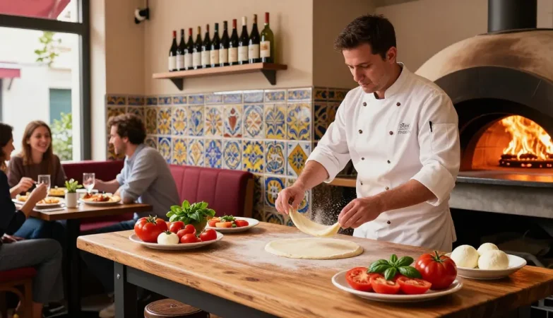 Freshly prepared pizza scene at Pizzeria Madera, showcasing pg soft Italian dining experience with lively atmosphere.