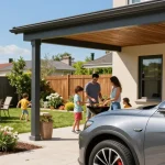 Moderner Carport schützt Auto in einladendem Garten mit Familie und Spielenden