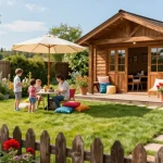 Gartenhäuser aus Holz in lebendigem Blumengarten mit Familie und Spielzeug