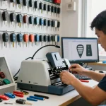Autoschlüssel nachmachen in professionellem Schlüsseldienst mit Technikern bei der Arbeit