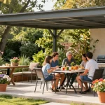Freistehende Terrassenüberdachung im Garten mit Familie und sonniger Atmosphäre