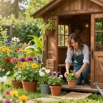 Gartenhaus Holz umgeben von blühenden Pflanzen und freundlicher Person bei der Gartenarbeit.