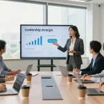 Bewertungsplattform Führung: Moderner Konferenzraum mit Team in lebhaftem Austausch über Führungskompetenzen.