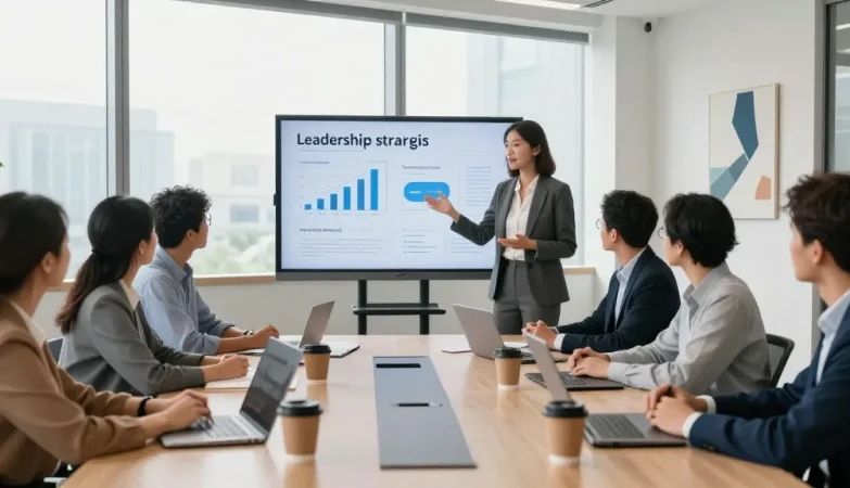 Bewertungsplattform Führung: Moderner Konferenzraum mit Team in lebhaftem Austausch über Führungskompetenzen.